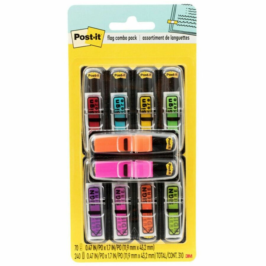 Post-it®, Post-it Printed Message Flags Value Pack - 1/2" Flag/Note Width x 1 3/4" Flag/Note Length - Arrow - SIGN HERE - Assorted - Self-stick, Repositionable, Removable - Dispenser Included - 240 / Pack