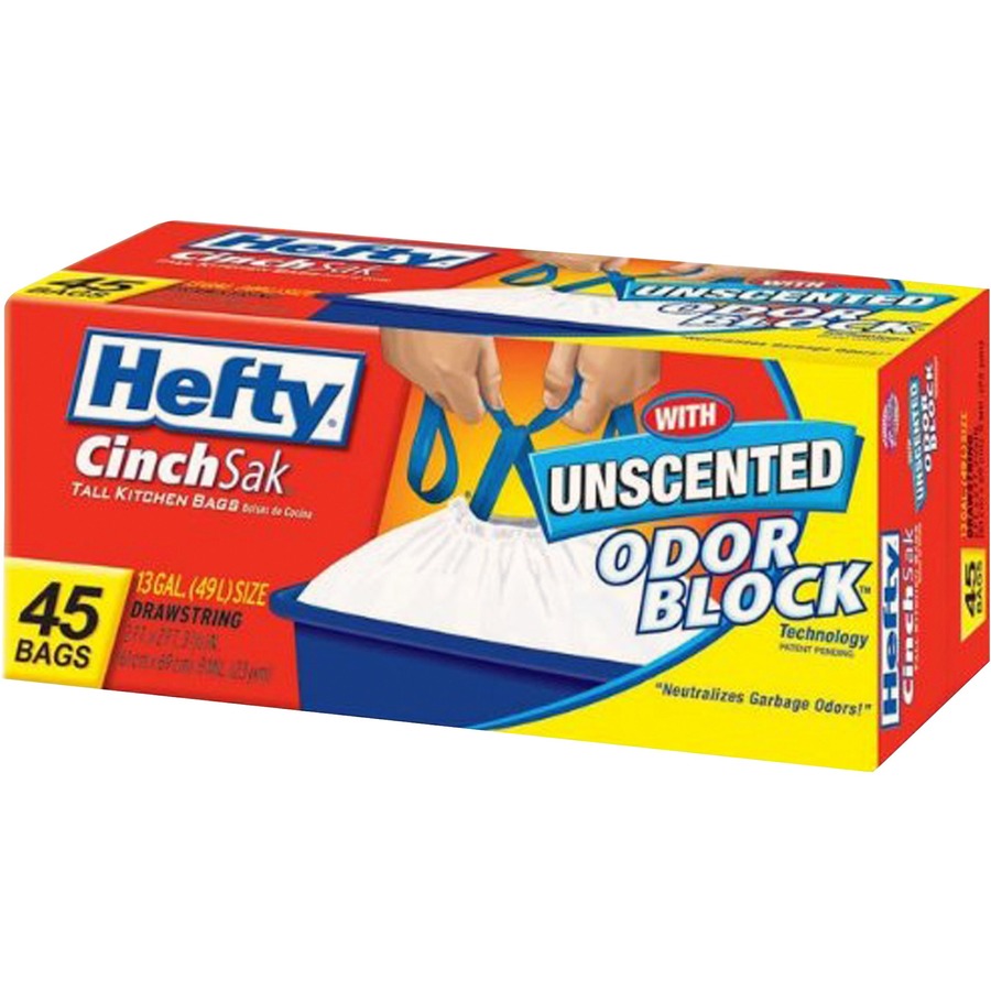 Hefty CinchSak 13-gallon Drawstring Bags - 13 gal Capacity - Drawstring Closure - White - Garbage, Kitchen - 45 / Pack