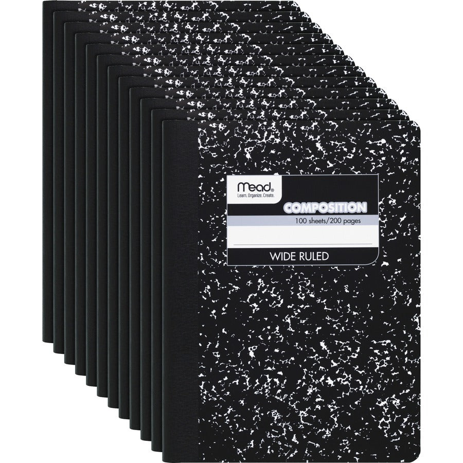 Mead Wide Ruled Composition Notebook - 100 Sheets - Sewn - 7 1/2" x 9 3/4" Sheet Size - White Paper - Black Marble Cover - 12 / Carton