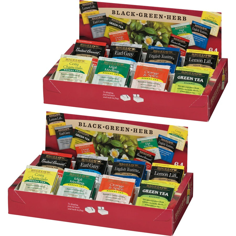 Bigelow®, Assorted Flavor Herbal Tea, Black Tea, Green Tea Bag - Herbal Tea, Black Tea, Green Tea - 64/Box - 2 / Bundle