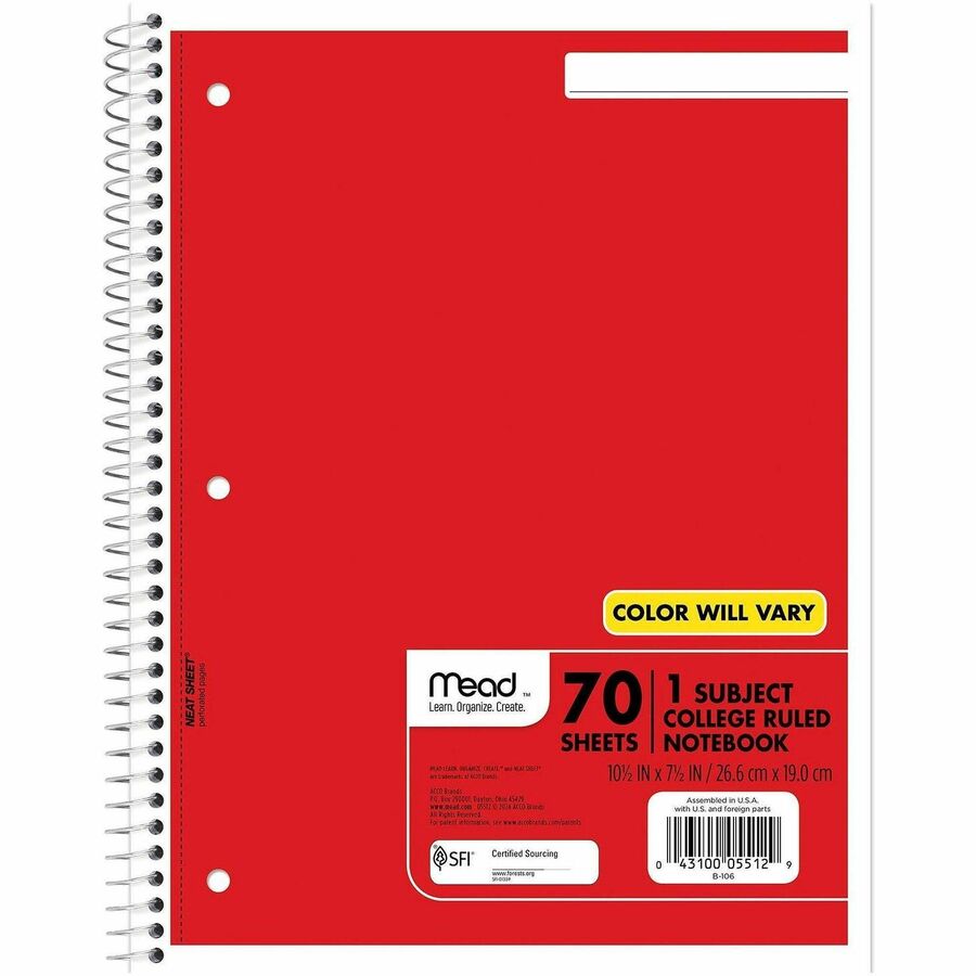 Mead One-subject Spiral Notebook - 70 Sheets - Spiral - College Ruled Front Ruling - 8" x 10 1/2" Sheet Size - White Paper - Tan Board Cover - Heavyweight, Punched - 12 / Bundle