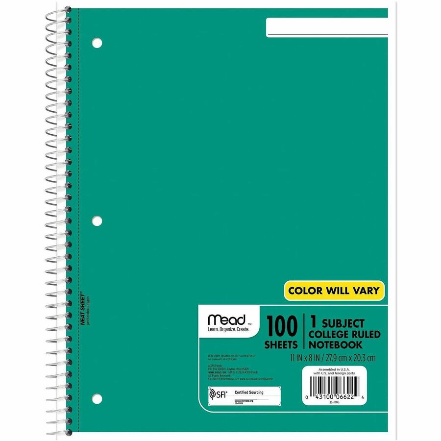 Mead One-subject Spiral Notebook - 100 Sheets - Spiral - College Ruled Front Ruling - 8" x 10 1/2" Sheet Size x 8" Width x 10.5" Length - White Paper - Back Board - 12 / Bundle