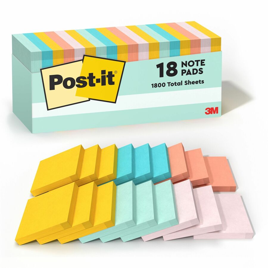 Post-it®, Notes Cabinet Pack - 3" Flag/Note Width x 3" Flag/Note Length - Square - 100 Sheets per Pad - Unruled - Fresh Mint, Aqua Splash, Sunnyside, Papaya Fizz, Guava - Self-adhesive, Self-stick - 18 / Pack