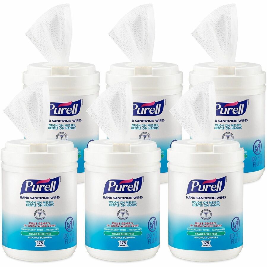 PURELL®, Alcohol Hand Sanitizing Wipes - 6" Width x 7" Length - White - 175/Tub - 6 / Carton