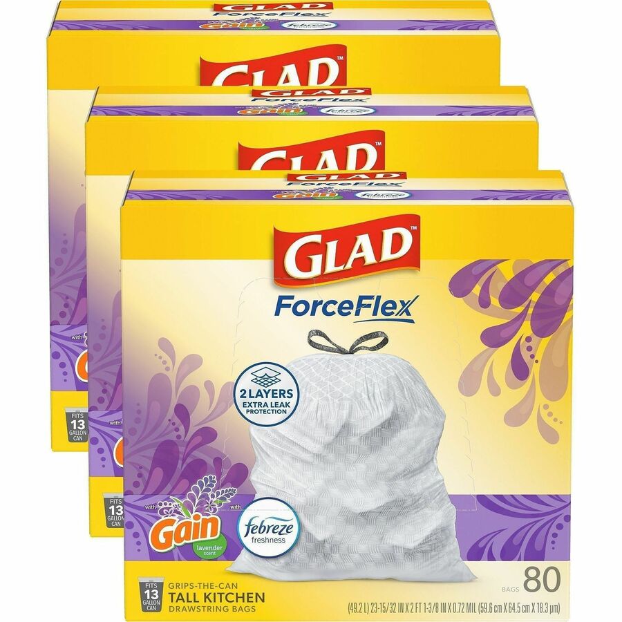 Glad ForceFlex Tall Kitchen Drawstring Trash Bags - Gain Lavender with Febreze Freshness - 13 gal Capacity - 27.36" Length x 24.02" Width x 0.78 mil (20 Micron) Thickness - Drawstring Closure - White - Garbage, Office, Kitchen - 80/Box - 3 / Carton
