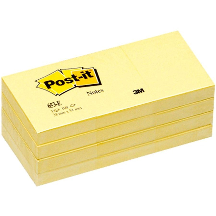 Post-it®, Notes Original Notepads - 1 3/8" Flag/Note Width x 1 7/8" Flag/Note Length - Rectangle - 100 Sheets per Pad - Unruled - Canary Yellow - Paper - Self-adhesive, Repositionable - 12/Pack - 2 / Bundle