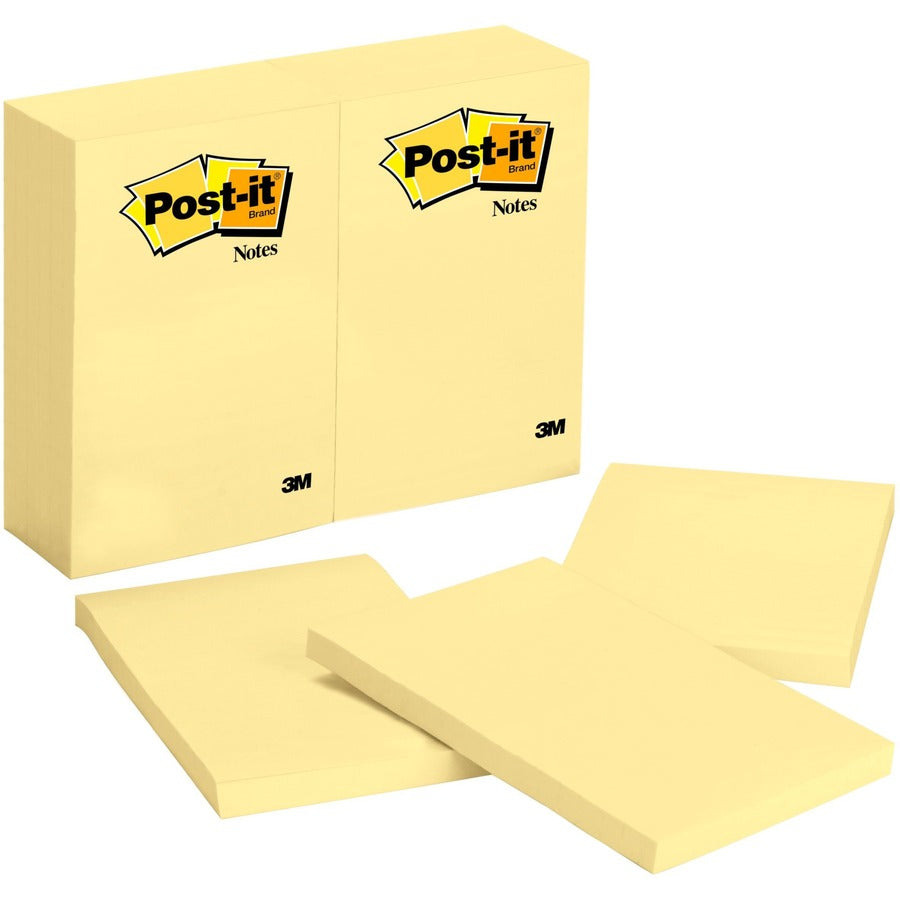 Post-it®, Notes Original Notepads - 4" Flag/Note Width x 6" Flag/Note Length - Rectangle - 100 Sheets per Pad - Unruled - Canary Yellow - Paper - Self-adhesive, Repositionable - 12/Pack - 2 / Bundle