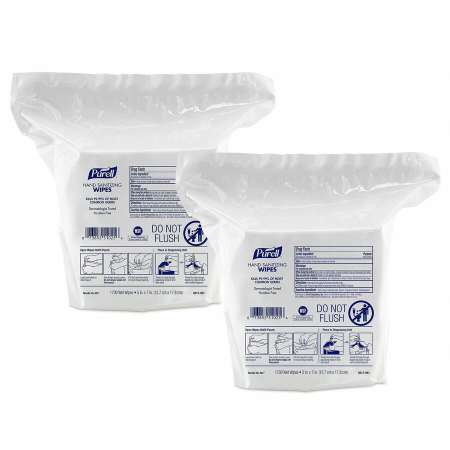 PURELL®, Hand Sanitizing Wipes Dispenser Refill - WhiteBag - 1700/Bag - 2 / Carton