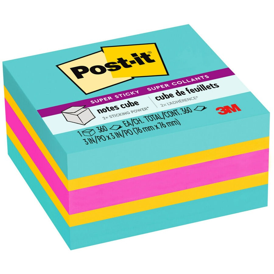 Post-it®, Super Sticky Notes Cube - 3" Flag/Note Width x 3" Flag/Note Length - Square - 360 Sheets per Pad - Aqua Splash, Sunnyside, Power Pink - Paper - Sticky, Recyclable - 1 Pack