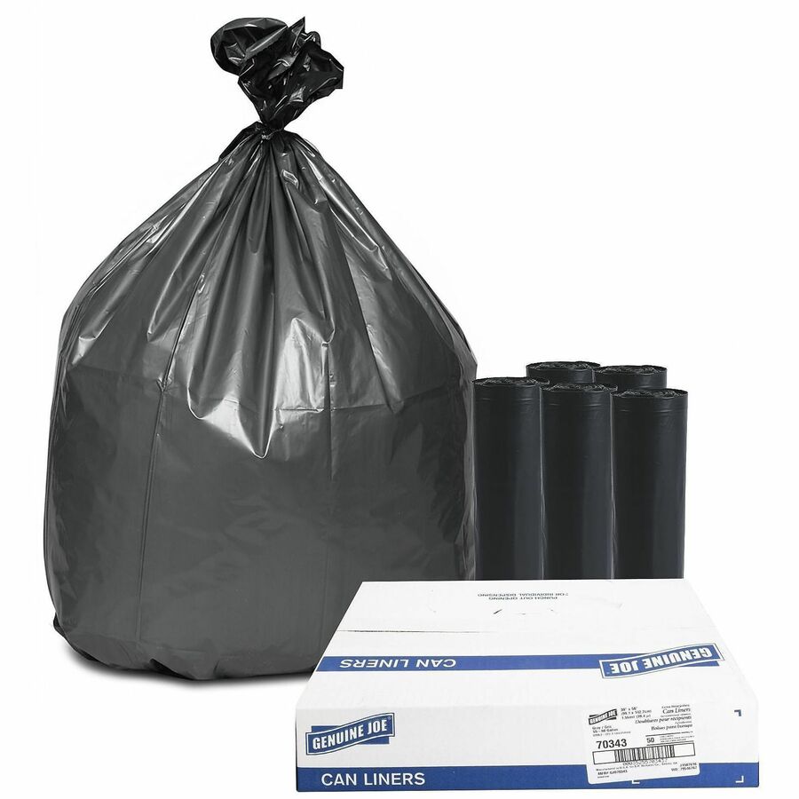 Genuine Joe Maximum Strength Trash Can Liner - Extra Large Size - 60 gal Capacity - 56" Length x 39" Width x 1.55 mil (39 Micron) Thickness - Low Density - Gray - Plastic Resin - Food Waste, Office Waste, Can, Debris - 50/Box - 96 / Pallet