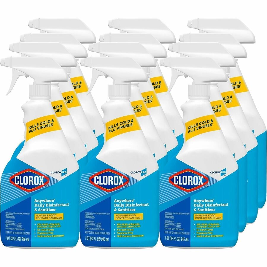 CloroxPro™, Anywhere Daily Disinfectant and Sanitizer - For Kitchen, Office, Breakroom, Day Care, Restaurant - Spray - 32 fl oz (1 quart) - Recommended For: Bacteria Remover, Germs Remover - No-rinse, Residue-free - Clear - 2 / Pallet