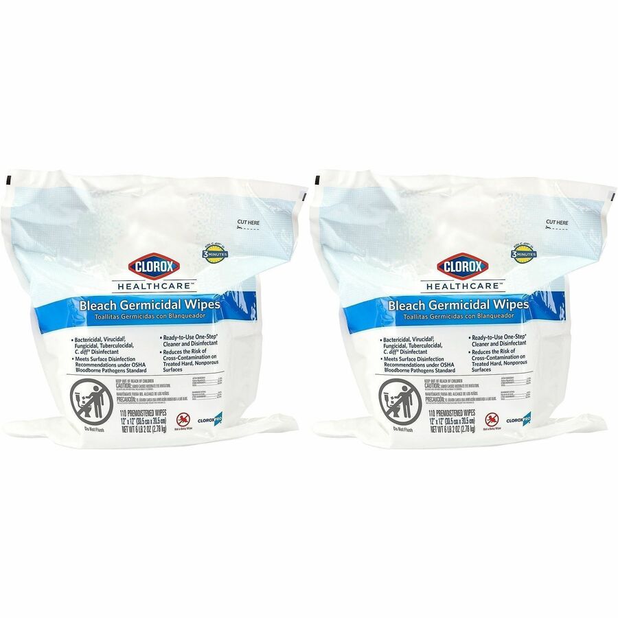 Clorox Healthcare Bleach Germicidal Wipes Bucket Refill - Ready-To-Use - 12" Length x 12" Width - Anti-corrosive - White - 110/Bag - 50 / Bundle