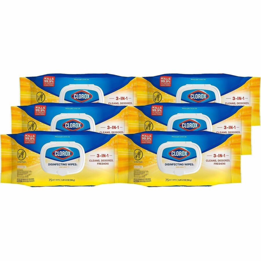 Clorox Disinfecting Cleaning Wipes Flex Pack - Crisp Lemon Scent - Bleach-free, Antibacterial - White - 75/Pack - 2 / Pallet