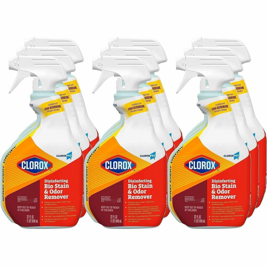 CloroxPro™, Disinfecting Bio Stain & Odor Remover Spray - Ready-To-Use - 32 fl oz (1 quart) - Deodorize, Bleach-free, Disinfectant, Antibacterial - Translucent - 2 / Pallet