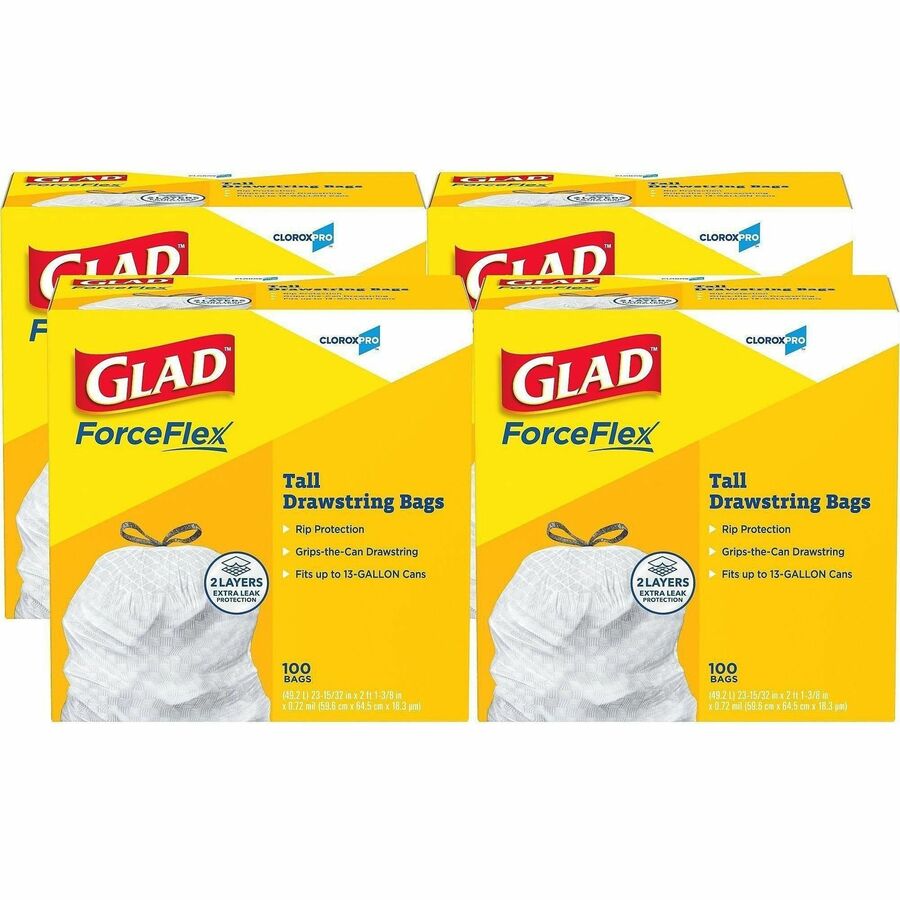 Glad ForceFlex Tall Kitchen Drawstring Trash Bags - 13 gal Capacity - 27" Length x 24" Width x 0.72 mil (18 Micron) Thickness - Drawstring Closure - White - Plastic - Kitchen, Office, Day Care, Restaurant, School - 100/Box - 18 / Bundle