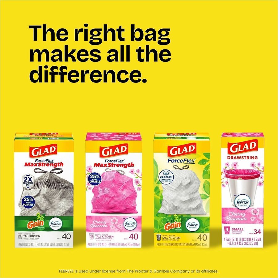 Glad ForceFlex Tall Kitchen Drawstring Trash Bags - Gain Lavender with Febreze Freshness - 13 gal Capacity - 27.36" Length x 24.02" Width x 0.78 mil (20 Micron) Thickness - Drawstring Closure - White - Kitchen, Garbage, Office - 80/Box - 40 / Bundle