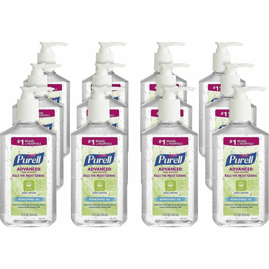 PURELL®, Hand Sanitizer Gel - Fragrance-free Scent - 12 fl oz - Pump Bottle Dispenser - Kill Germs - Clear - 12 / Carton