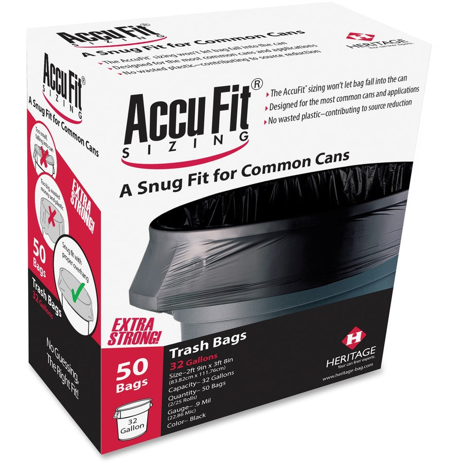 Heritage Accufit Reprime 32 Gallon Can Liners - 32 gal Capacity - 44" Length x 33" Width x 0.90 mil (23 Micron) Thickness - Low Density - Black - Linear Low-Density Polyethylene (LLDPE) - Garbage - 50/Box - 6 / Carton