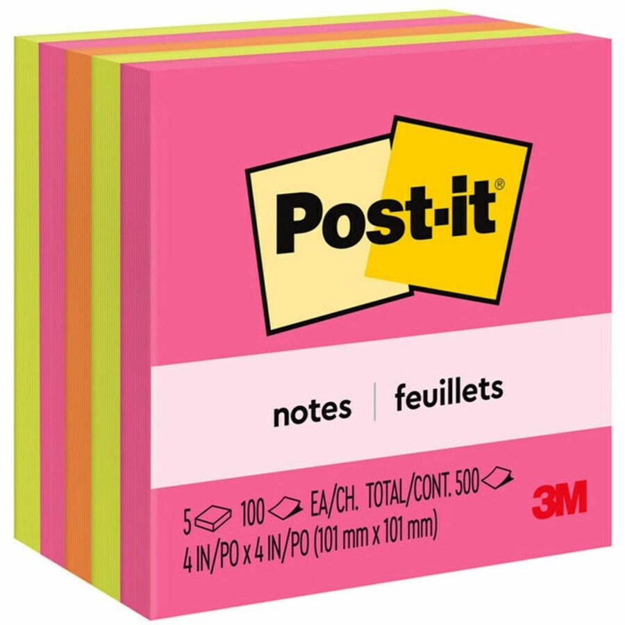 Post-it®, Notes - Poptimistic Color Collection - 4" Flag/Note Width x 4" Flag/Note Length - Square - 100 Sheets per Pad - Fuchsia, Neon Green, Neon Orange - Repositionable, Self-adhesive - 1 Pack