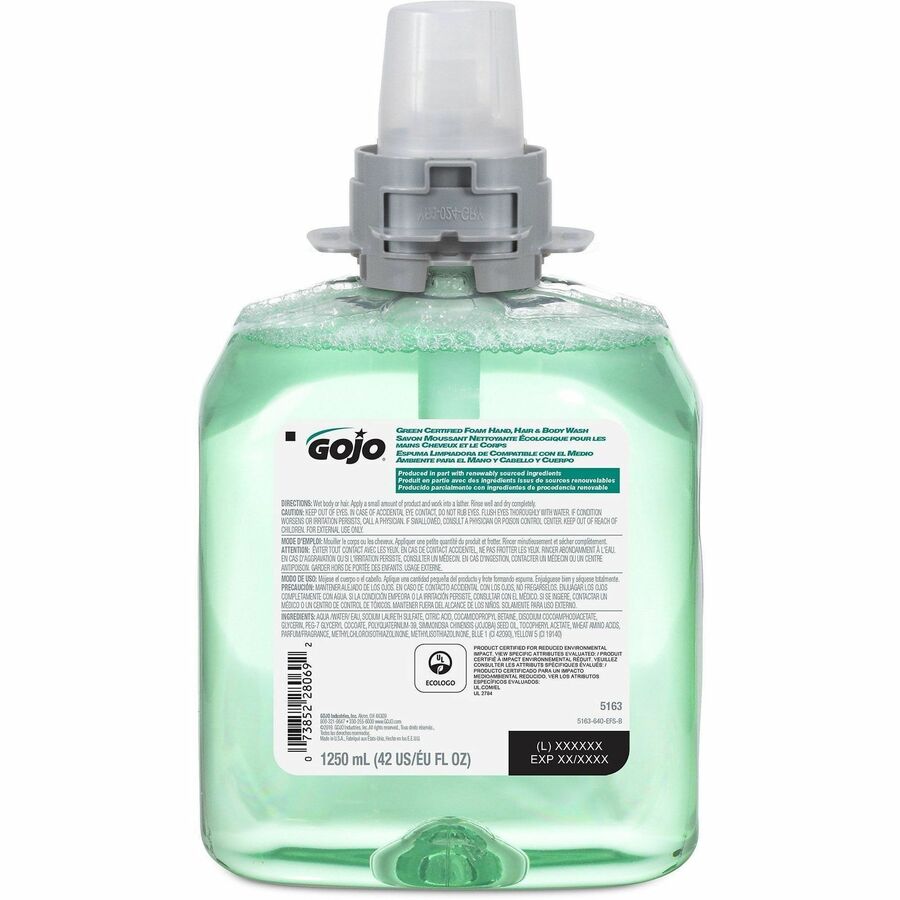Gojo®, FMX-12 Refill Green Certified Hair/Body Wash - Cucumber Melon Scent - 42.3 fl oz (1250 mL) - Kill Germs - Body, Hair - Green - Residue-free - 1 Each