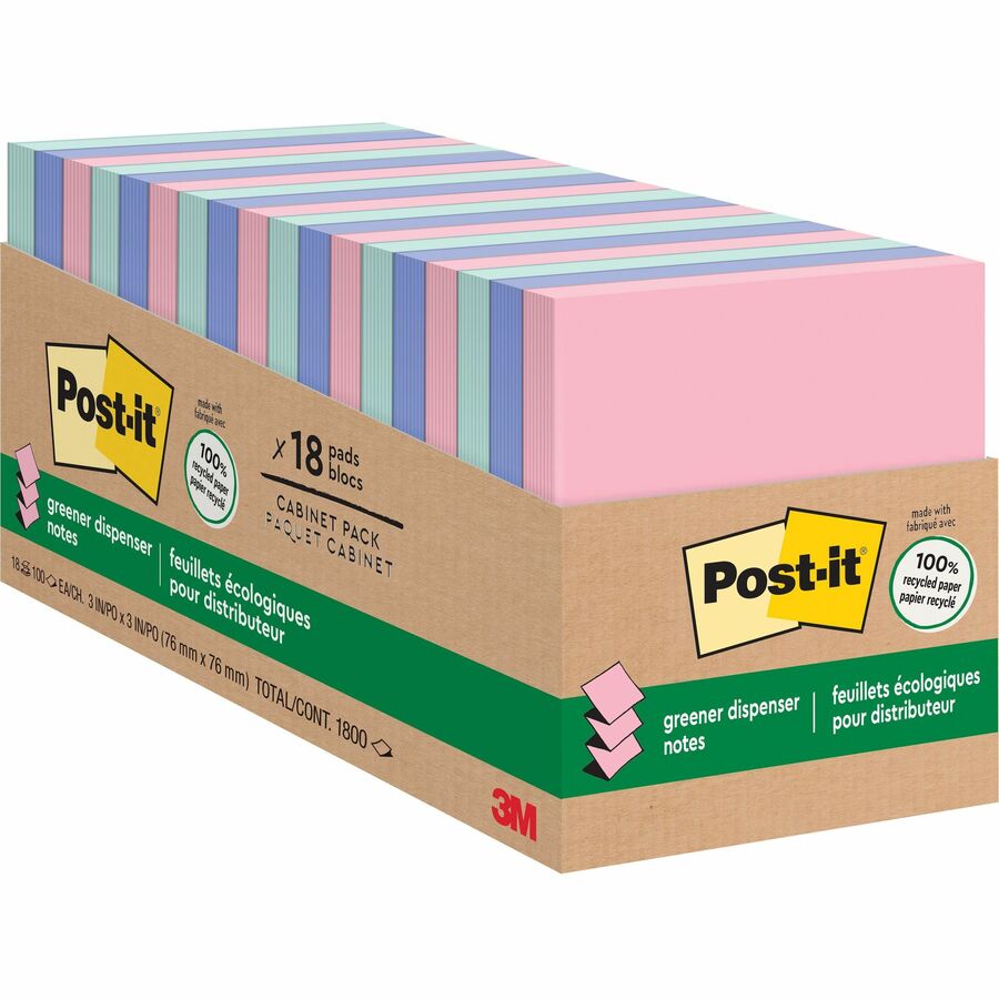 Post-it®, Greener Dispenser Notes - 3" Flag/Note Width x 3" Flag/Note Length - Square - 100 Sheets per Pad - Positively Pink, Fresh Mint, Moonstone - Paper - Self-stick, Removable, Recyclable, Pop-up, Residue-free, Eco-friendly - 1 Pack