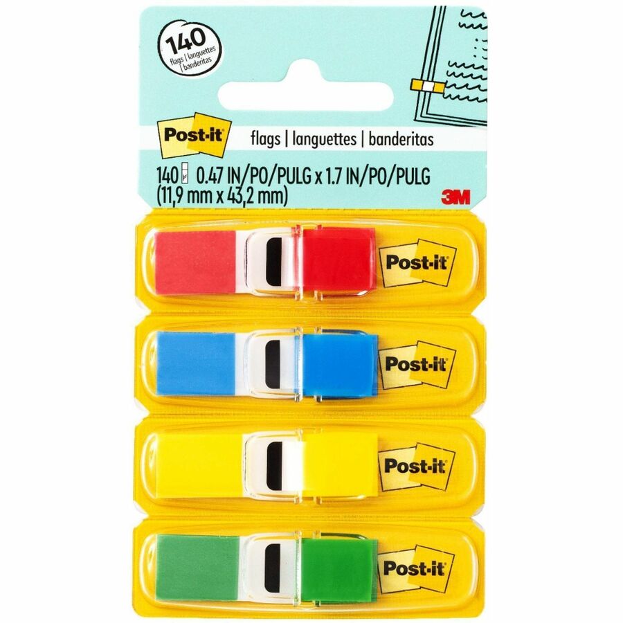 Post-it®, Flags - 35 x Blue, 35 x Green, 35 x Red, 35 x Yellow - 1/2" Flag/Note Width x 1 3/4" Flag/Note Length - Rectangle - Unruled - Red, Blue, Green, Yellow, Assorted - Removable, Self-adhesive - Dispenser Included - 140 / Pack