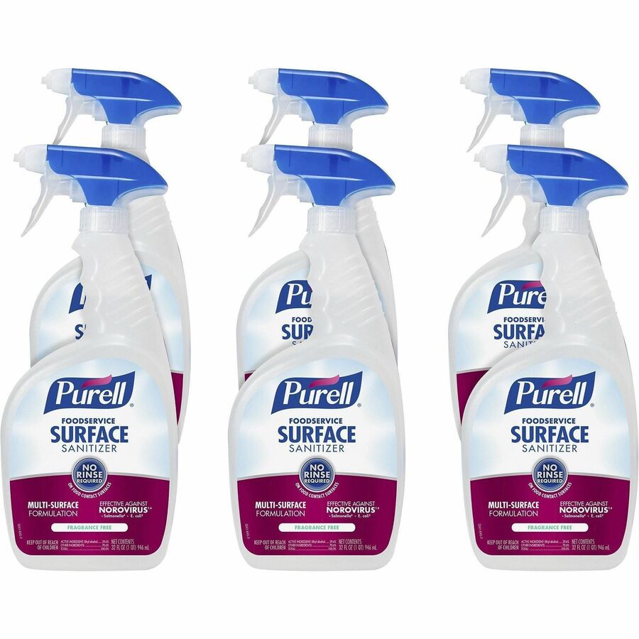 PURELL®, Foodservice Surface Sanitizer - For Hard Surface, Soft Surface, Food Service - Spray - 32 fl oz (1 quart) - Recommended For: Coronavirus, Virus Remover - Rinse-free, Fragrance-free - Clear Spray Bottle - 6 / Carton