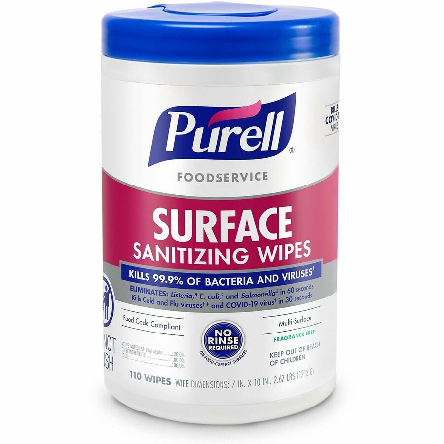 PURELL®, Foodservice Surface Sanitizing Wipes - Ready-To-Use - 10" Length x 7" Width - Rinse-free, Fragrance-free, Durable - 110/Tub - 1 Each