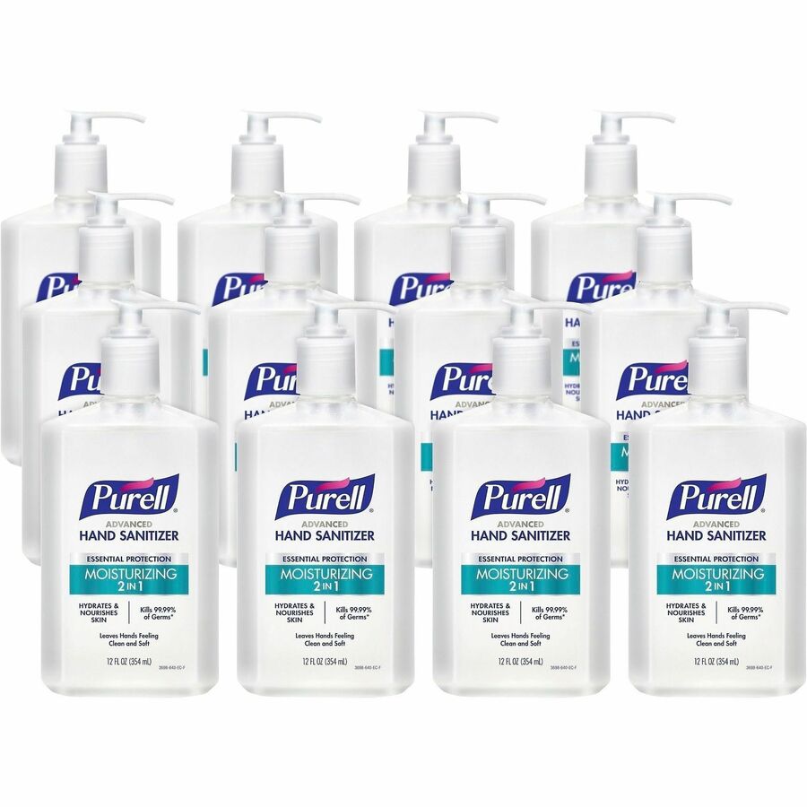 PURELL®, Advanced Hand Sanitizer Gel - Clean Scent - 12 fl oz - Pump Bottle Dispenser - Kill Germs - Hand, Skin, Commercial - Moisturizing - Clear - Non-sticky, Residue-free - 12 / Carton
