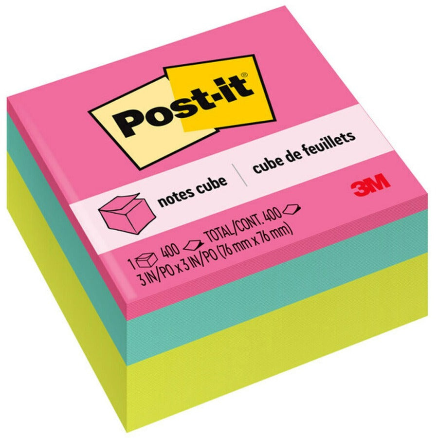 Post-it, Super Sticky Notes Cubes - 3" Flag/Note Width x 3" Flag/Note Length - Square - 400 Sheets per Pad - Power Pink, Aqua Splash, Acid Lime - Sticky, Adhesive - 1 Pack