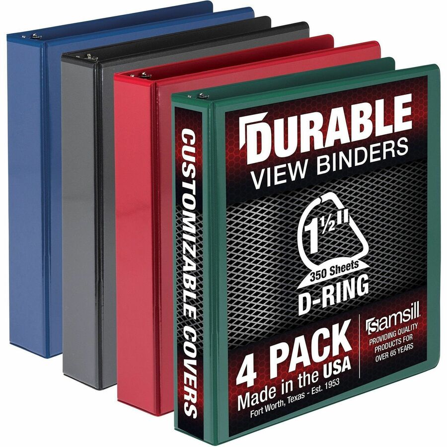 Samsill Durable View Binders - 1 1/2" Binder Capacity - Letter - 8 1/2" x 11" Sheet Size - 350 Sheet Capacity - Fastener: D-Ring - Pocket: 2, Internal - Chipboard, Polypropylene - Assorted - Clear Overlay, Durable, Non-glare, PVC-free, Non-stick, Ink-t...
