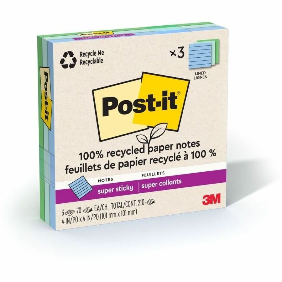 Post-it, Super Sticky Adhesive Note - 210 - 4" Flag/Note Width x 4" Flag/Note Length - Square - 70 Sheets per Pad - Ruled - Assorted Oasis - Removable, Repositionable, Recyclable - 3 / Pack