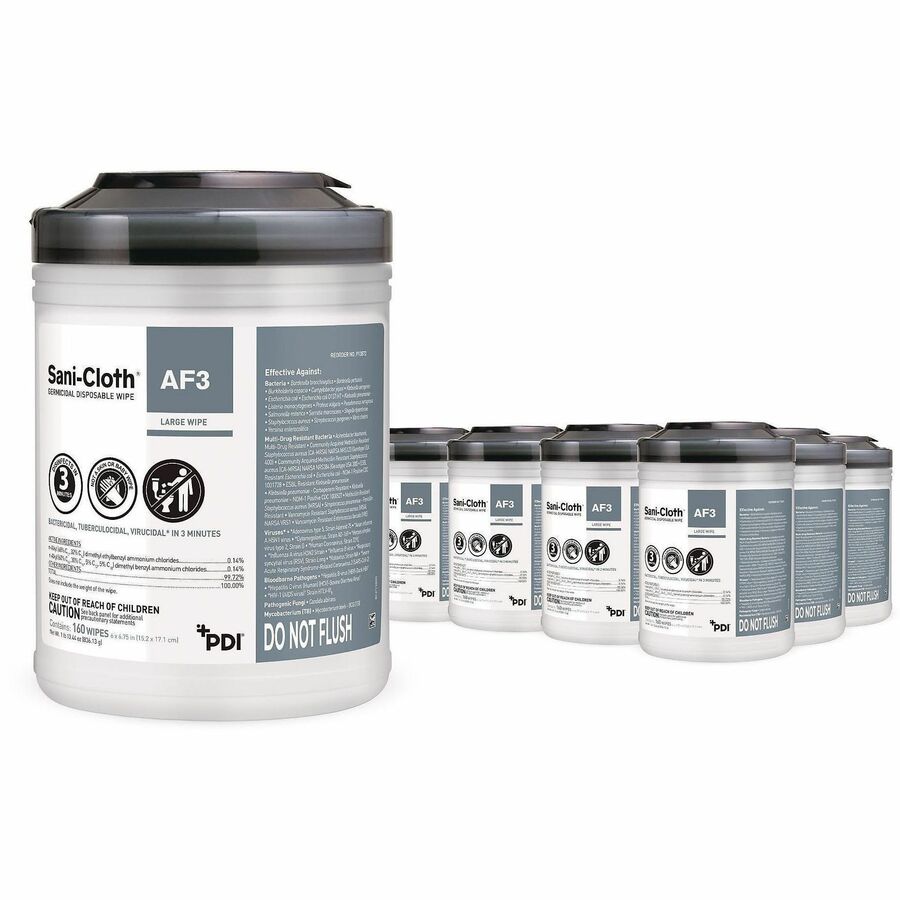 PDI Sani-Cloth AF3 Germicidal Wipes - 6.75" Length x 6" Width - Alcohol-free, Bleach-free, Virucidal, Fungicide, Fragrance-free, Disposable, Phenol-free, Ammonia-free, Disinfectant, Pre-moistened, Strong, ... - White - 95/Tub - 160 / Each