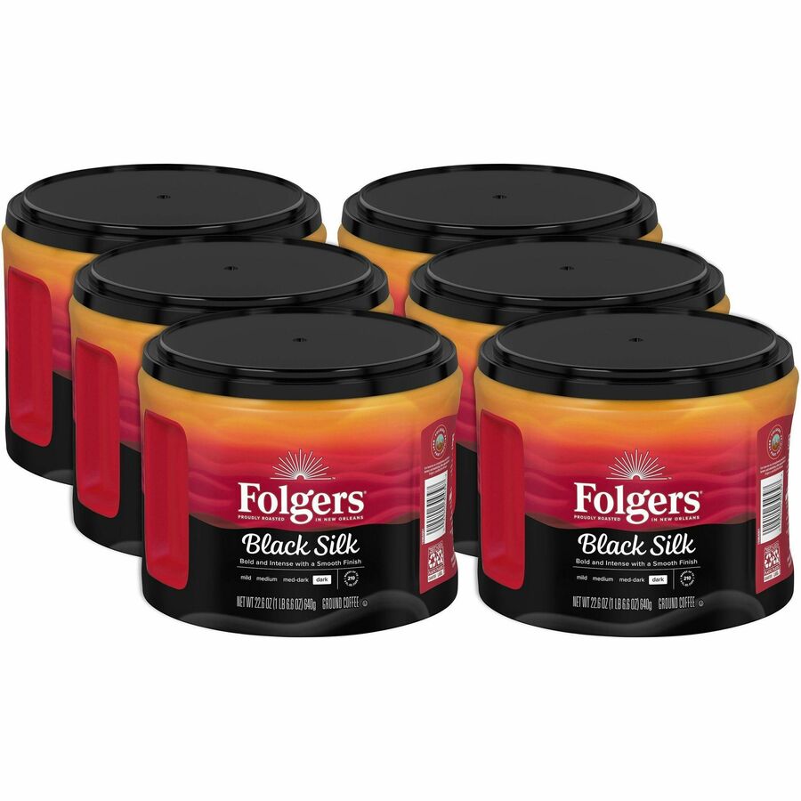 Folgers®, Ground Black Silk Coffee - Dark - 22.6 oz Per Canister - Ground - Black Silk - 6 / Carton