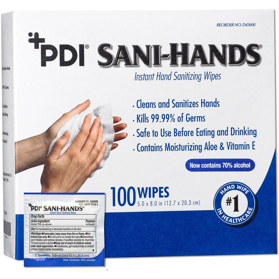 PDI Sani-Hands Instant Hand Sanitizing Wipes - White - 100 / Box