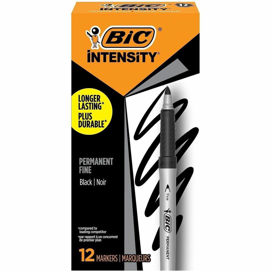 BIC Mark-it Fine Point Permanent Markers - Retractable - Black Ink - Silver Barrel - 1 Dozen/Box - 18 / Carton
