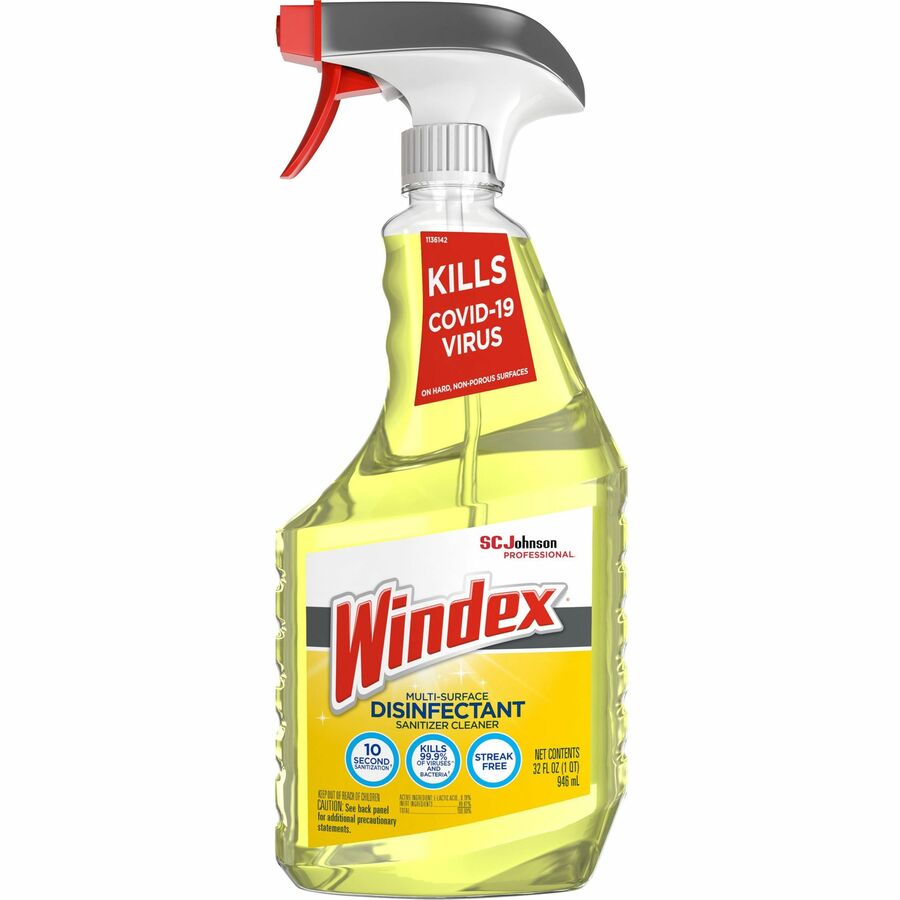 Windex®, Multisurface Disinfectant Spray - Concentrate - 32 fl oz (1 quart) - Citrus Scent - Streak-free, Residue-free - Yellow Trigger Bottle - 8 / Carton