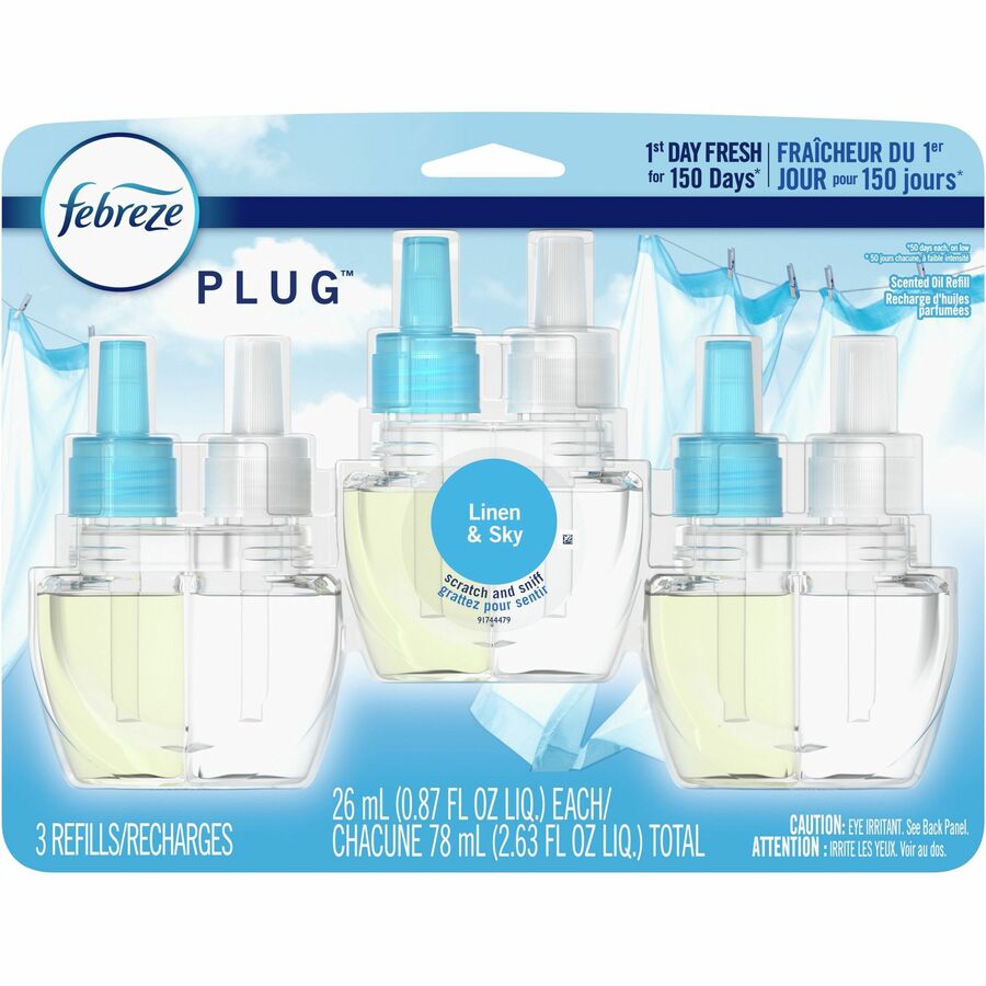 Febreze Plug Linen/Sky Oil Refill - Oil - 0.8 fl oz (0 quart) - Linen & Sky - 50 Day - Long Lasting, Odor Neutralizer - 3/Pack - 3 / Carton