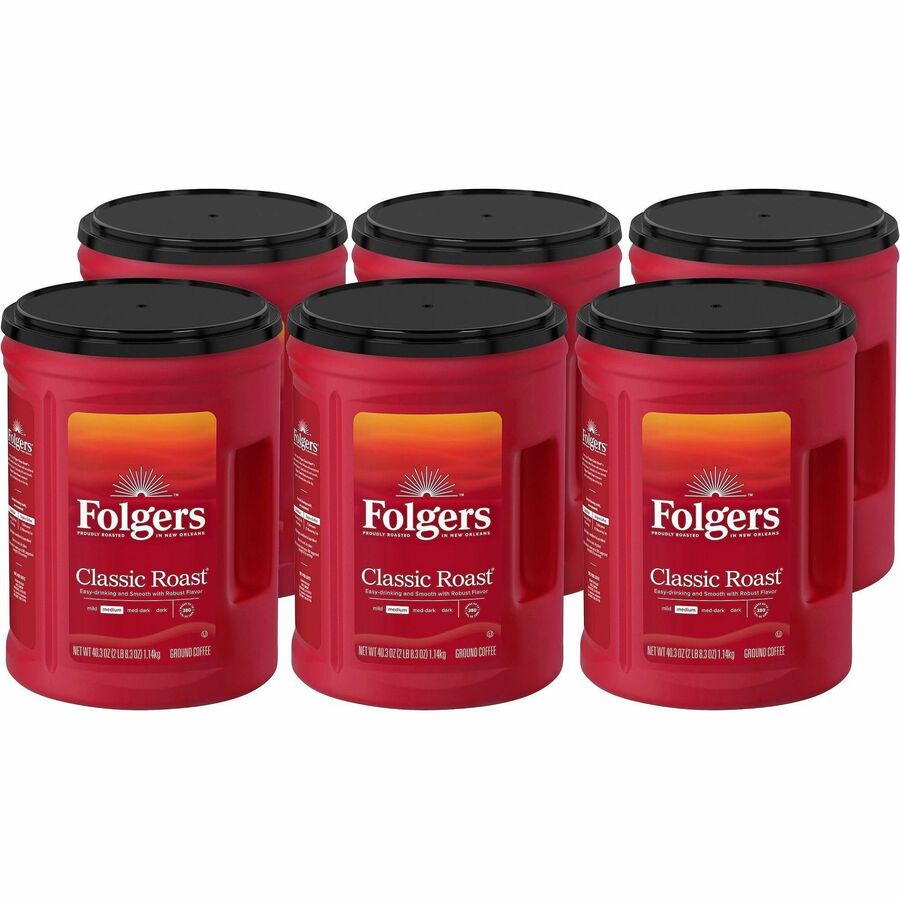 Folgers®, Ground Classic Roast Coffee - Medium - 40.3 oz Per Canister - Ground - Mountain Grown, Classic Roast - Kosher - 6 / Carton