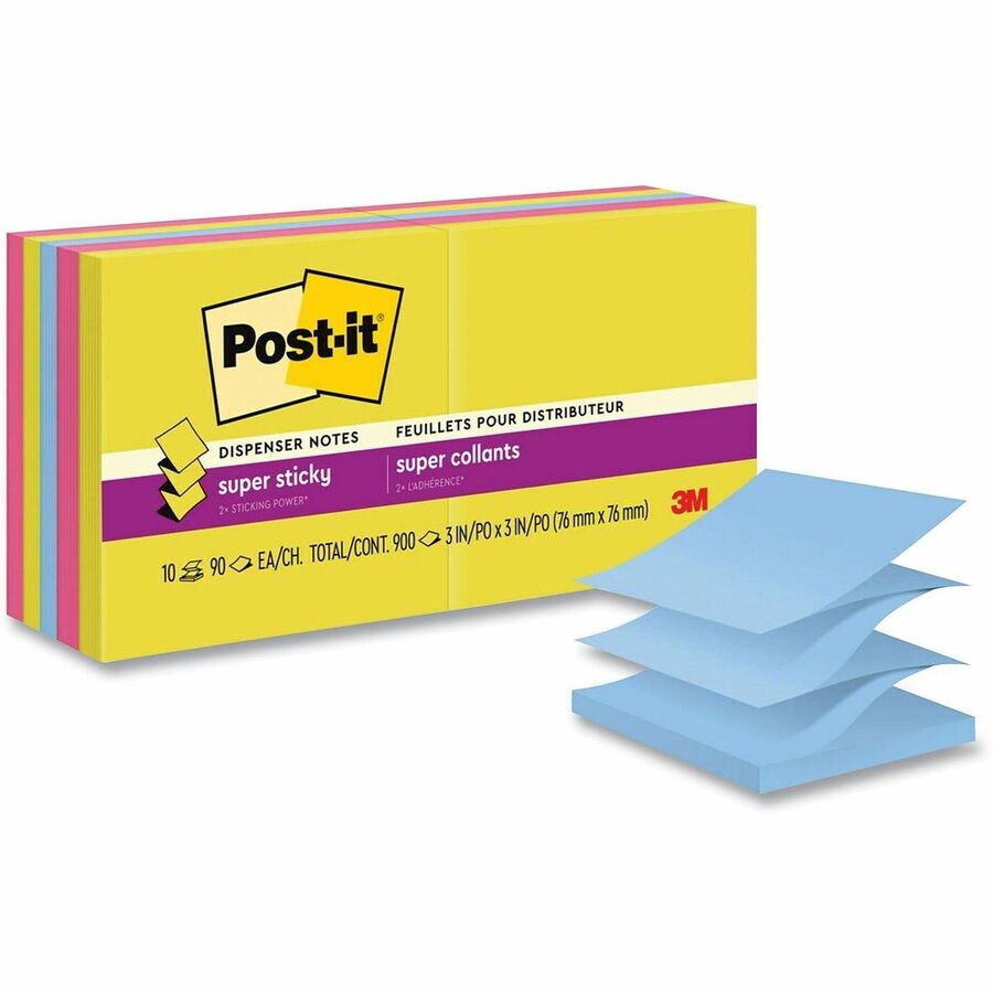 Post-it, Super Sticky Pop-up Notes R330-10SSJOY, 3 in x 3 in (76 mm x 76 mm) - 900 - 3" Flag/Note Width x 3" Flag/Note Length - Rectangle - 90 Sheets per Pad - Unruled - Summer Joy - Super Sticky, Adhesive, Recyclable - 10 / Pack