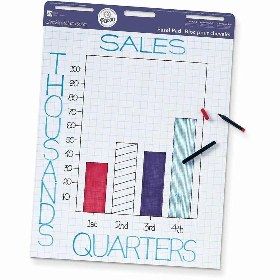 Pacon®, Easel Pad, Non-Adhesive, White, 1 in grid ruled 27" x 34" , 50 Sheets - White Sheet Color - 50 Sheets/Pad - Non-adhesive, Grid Pattern, Handle, Recyclable - 4 / Carton