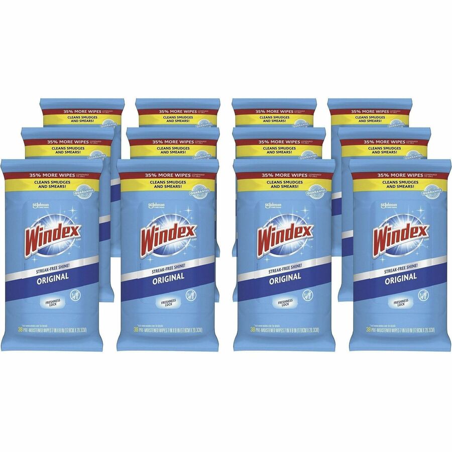 Windex®, Glass & Surface Wipes - For Multi Surface - Wipe - 155.20 oz (9.70 lb) to - Fresh, Pleasant Scent - Recommended For: Smear Remover, Smudge Remover - Streak-free, Pre-moistened, Drip-free - White - 38/Pack - 12 / Carton