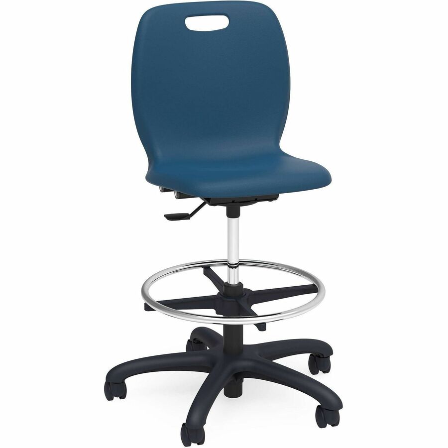 Lorell League Adjustable Height Mobile Lab Stool - 14" Height - Material: Polypropylene - Finish: Navy - Contoured Seat, Ergonomic, Comfortable, Pneumatic Adjustment, 360°, Swivel, Mobility, Hooded Caster, Dual Wheel Caster - 1 Carton