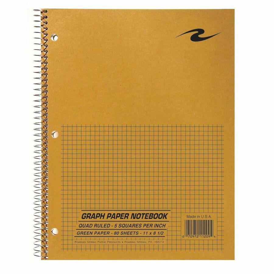 Roaring Spring Graph Paper Notebook - 1 Subject(s) - 80 Sheets - 160 Pages - Spiral Bound - Both Side Ruling Surface - Quad Ruled Front Ruling - Ruled Margin - 3 Hole(s) - 15 lb Basis Weight - Letter - 11" x 8 1/2" Sheet Size - 8.5" Width x 11" Depth...