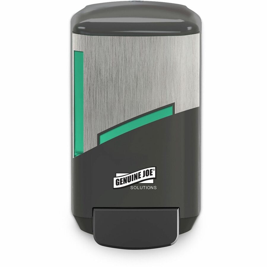 Genuine Joe Solutions Soap Dispenser - Manual - 1.32 quart Capacity - Refill Indicator, Easy to Use, Push Button - Graphite