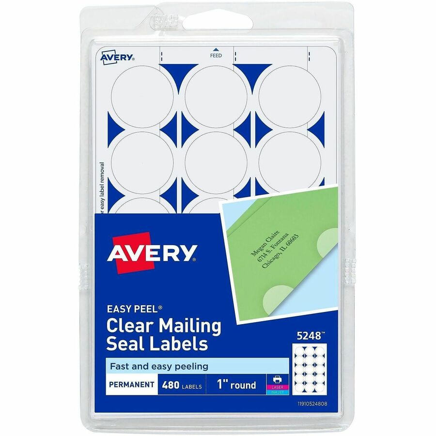Avery®, Avery Printable Mailing Seals, Clear, 1" Diameter, 480 Labels (5248) - Glossy - Permanent Adhesive, Laminated, Acid-free, Moisture Resistant, Water Resistant - Clear - 480 / Pack