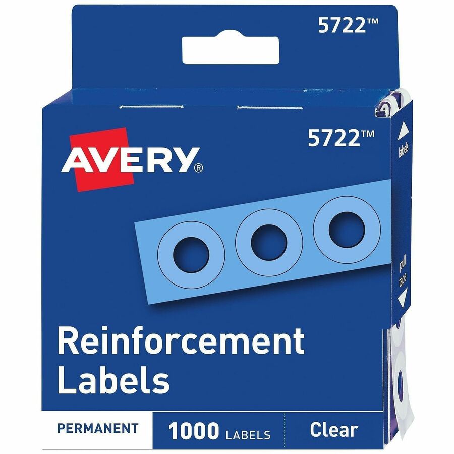 Avery, Hole Reinforcement Label Rings - 0.3" Diameter - 0.25" Maximum Capacity - Round - Clear - Polyvinyl - 1000 / Pack