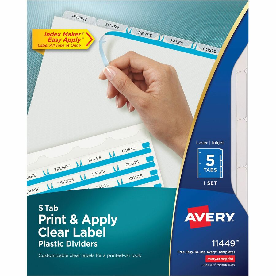 Avery®, Index Maker Clear Label Dividers - 5 x Divider(s) - 5 - 5 Tab(s)/Set - 8.5" Divider Width x 11" Divider Length - 3 Hole Punched - Clear Plastic Divider - Frosted Clear Plastic Tab(s) - Durable, Tear Resistant, Hole-punched, Printable, Custom...