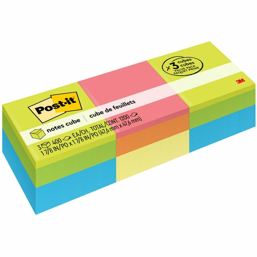 Post-it®, Notes Cube - 1200 - 2" Flag/Note Width x 2" Flag/Note Length - Square - 400 Sheets per Pad - Unruled - Acid Lime, Limeade, Blue Paradise, Guava, Vital Orange, Canary Yellow - Paper - Repositionable, Self-adhesive - 1 Pack