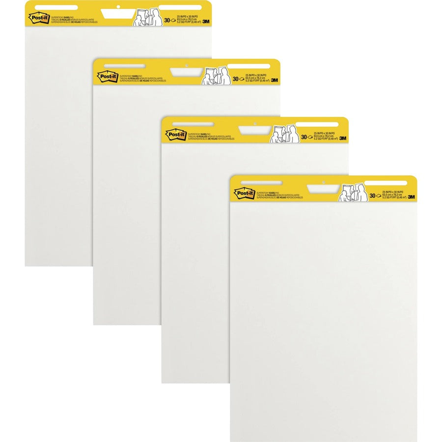 Post-it®, Super Sticky Easel Pad - 30 Sheets - Plain - Stapled - 18.50 lb Basis Weight - 25" x 30" Sheet Size - White Paper - Cardboard Cover - Self-adhesive, Repositionable, Resist Bleed-through, Removable, Sturdy Back - 4 / Carton